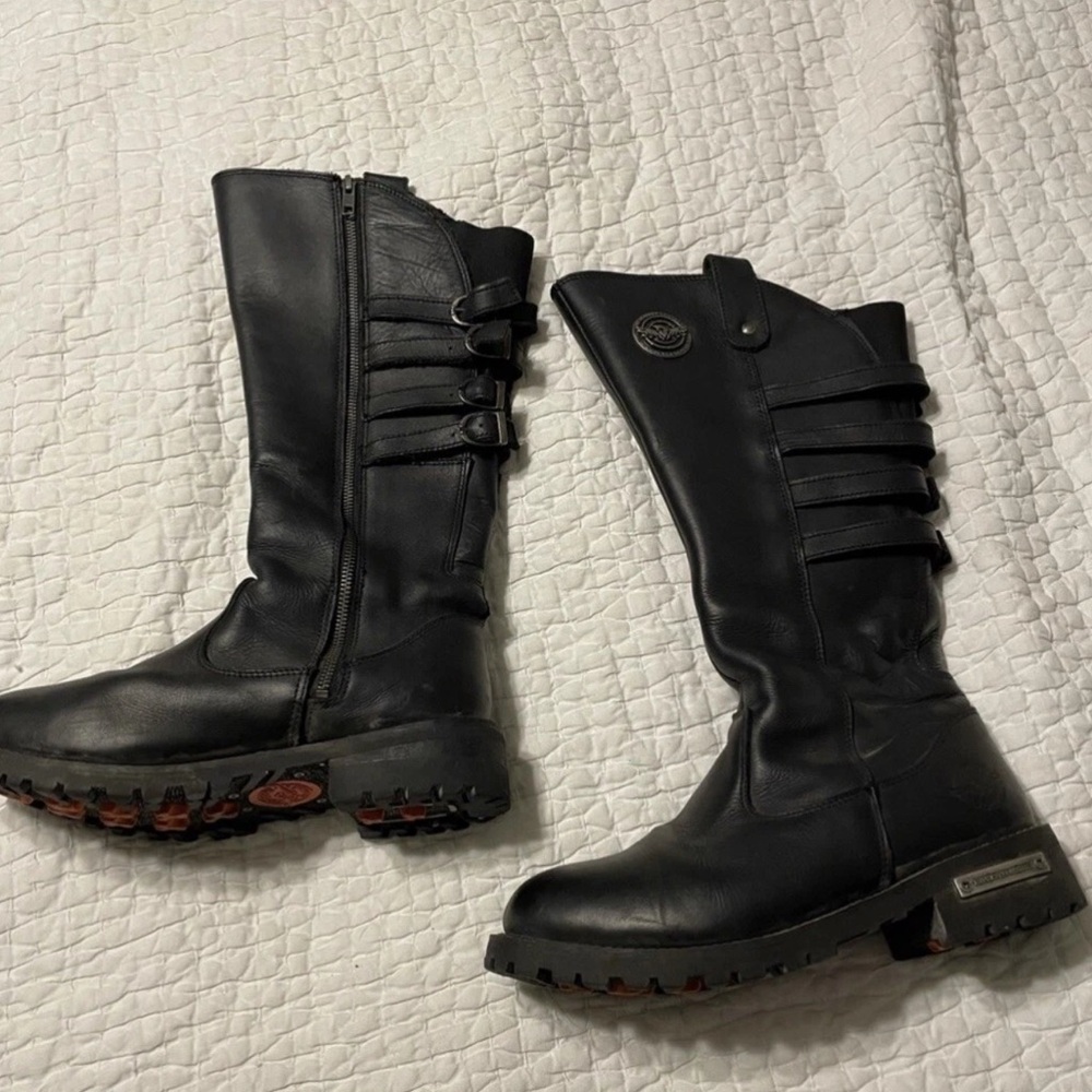 Women’s Black Leather Motorcycle Boots, Size 9.5